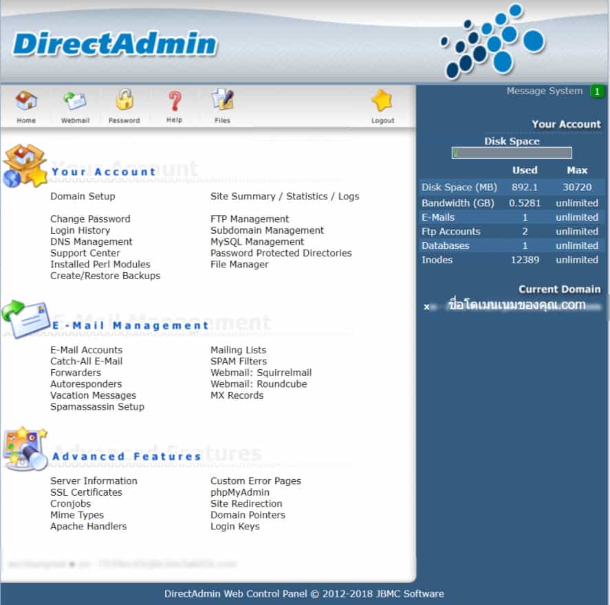 หน้าตาระบบ DirectAdmin