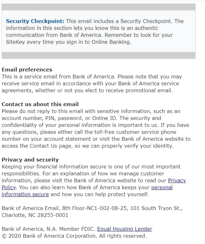 email body bank of America