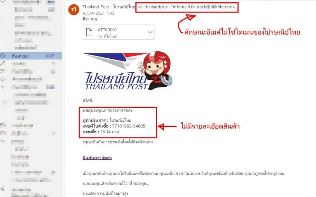 อีเมล์หลอกลวงแอบอ้างไปรษณีย์ไทย