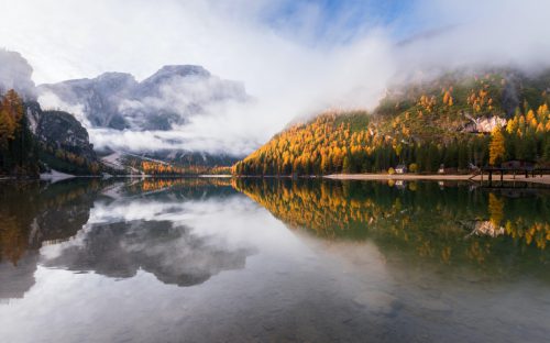 Moody autumn day in the Dolomites forest and mountains